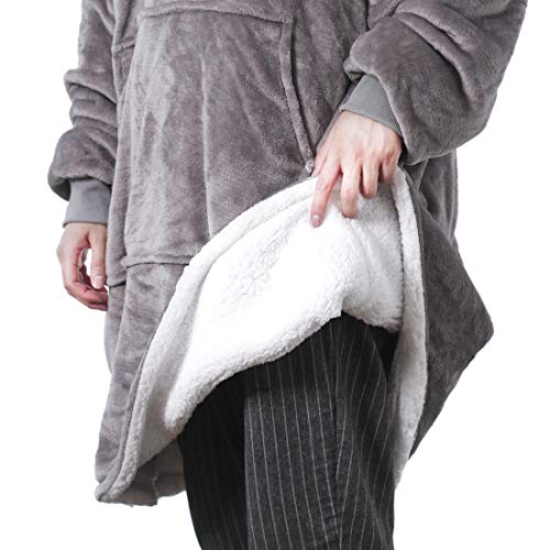 REEPOW Wearable Hoodie Blanket Sweatshirt for Adults - Oversized Hooded, Large Pocket, Elastic Cuff, Reversible - Warm and Luxurious Plush Sherpa & Fleece Hoody - Grey