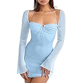 Zebaexf Women's Mesh Dress Long Puff Sleeve Mini Bodycon Sweet Neck Party Mini Dresses for Women