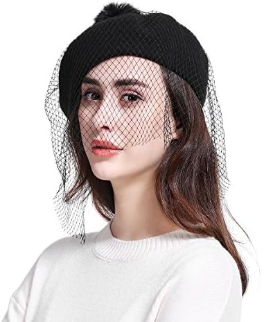 Women's Franch Inspired Wool Felt Beret Hat with Veil Cocktail Hat