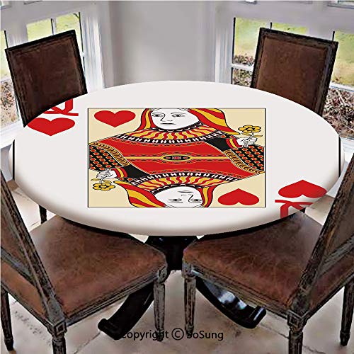 Elastic Edged Polyester Fitted Table Cover,Queen of Hearts Playing Card Casino Decor Gambling Game Poker Blackjack Deck,Fits up 56"-66" Diameter Tables,The Ultimate Protection for Your Table,Red Yello - Thumbnail 4