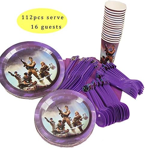 Video Game Party Supplies for Gaming party Serves 16 with 16pcs Plates, Round 7 and 9 inch Dessert Paper Appetizer Plates,16pcs Cups, 16pcs Napkins and 16cs Forks, Knives, Spoons Video Game Save The World