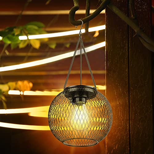 KagoLing Solar Lights for Outdoor Hanging, Pack of 2 Metal Solar Lantern with Retro Large LED Bulb, IP65 Garden Decoration, Weatherproof, Solar Lights Garden with Hook and Chain for Patio, Lawn, Balcony, Yard