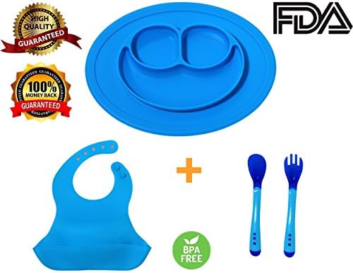 Silicone Placemat- For Kids, Toddlers And Baby. Safe, Anti Bacterial, Hygienic, Heat Resistant, Non Slip, Easy To Clean, Durable, Portable Food Plate With Bib, Spoon And Fork. (4 Pcs) (blue)