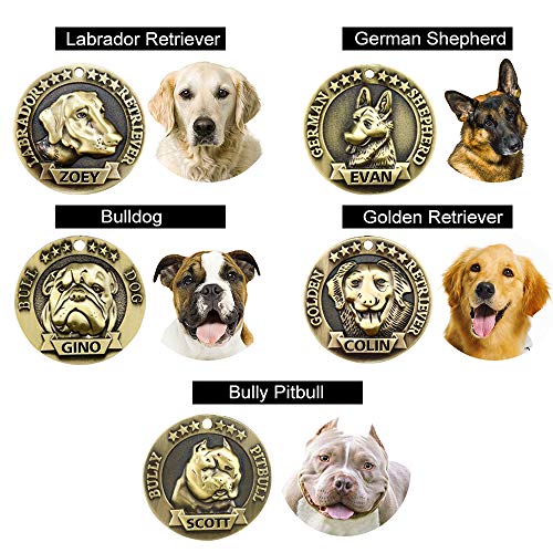 FunTags Bronze Breeds Customized Dog Head 3D Effect Dog ID Tag,High-Relief Copper Dog Tag,Personalized Stainless Steel Front&Back Laser Engraving Dog Name Tag,German Shepherd Tag
