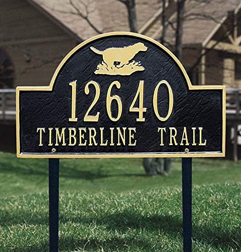 Address Signs - Comfort House Personalized Cast Metal Address Sign With Dog - Lawn Mounted Address Plaque With House Number And Street Name - Custom House Number Sign # 67766F 2 line