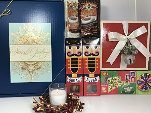 Christmas Nostalgia Holiday Season's Greetings Gift Box Basket Prime-Sweet Shop 9 Truffles, Floral Ring, Candle, Naughty or Nice Bean Boozled Spinner Gift Box, Hot Cocoa, Nutcracker Sugar Cookies