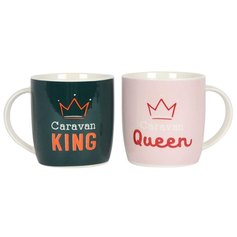Something Different Caravan King and Queen Mug Set, Dark Green/Light Pink