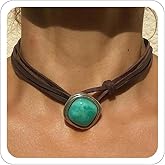 Xeyau Boho Necklace Leather Necklace for Women,Bohemian Brown Suede Leather Necklaces Turquoise Suede Choker Necklace Boho Wrap Necklaces Jewelry