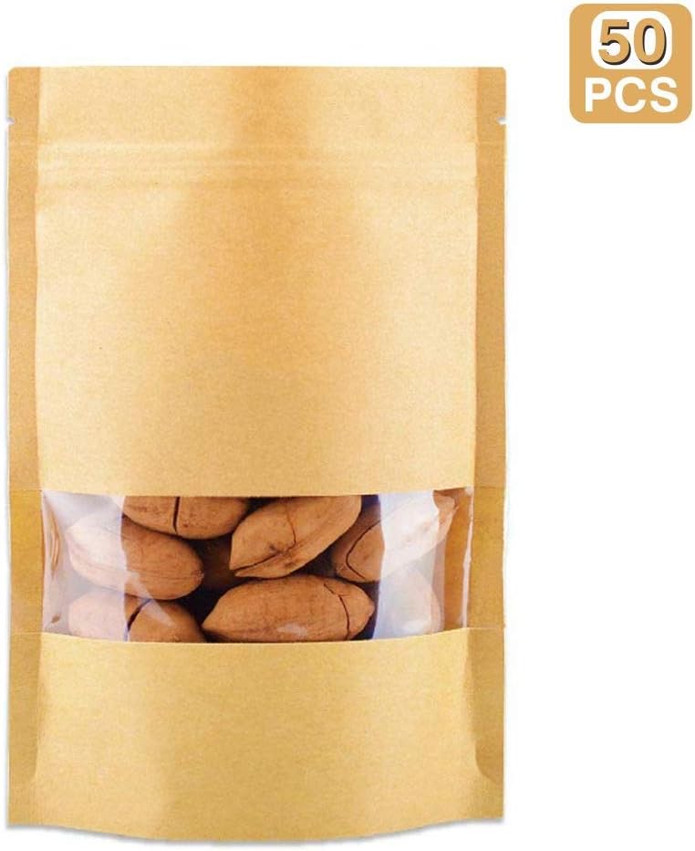 Stand Up Pouch Kraft Paper Bag, 50pcs Reusable Zip Lock Sealing With Notch Matte Transparent Window Bags, All Purpose Storing Food Storage, Ideal for Coffee Beans, Nuts, Biscuits DIY(3.5" X 5.5")