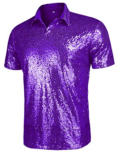URRU Men's Relaxed Short Sleeve Turndown Sparkle Sequins Polo Shirts 70s Disco Nightclub Party T-Shirts Tops Purple L