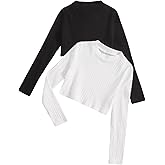Milumia Girl's 2 Piece Casual Rib Knit Mock Neck Tee Long Sleeve T Shirts Crop Tops