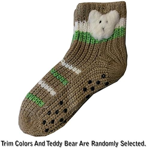 Knitted Women's Home Slipper Teddy Bear Socks with, NON Slip Bottom Assorted Colors (Socks size 9-11) (Cream)