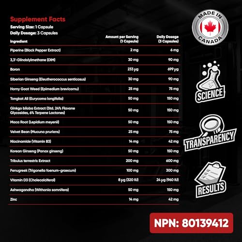 16-in-1 Testosterone Support & Advanced Men's Energy & Vitality Complex Formula | Made in Canada | High-Potency Herbal with Ashwagandha, Tongkat Ali, Maca, Tribulus, Ginseng, DIM, Horny Goat Weed, Boron, Vitamins & Minarels |Libido ,Muscle Building, Endurance, Male Vitality, Workout Recovery & Energy Support | Improved Mood & Male Reproductive Health | 90 Capsules