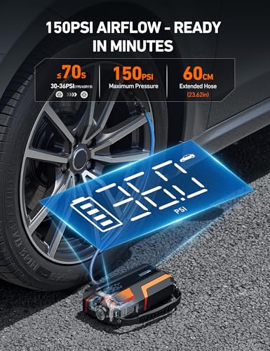 AstroAI M12 4000A Jump Starter with Air Compressor, Portable Battery Booster(All Gas &10L Diesel) with 150PSI Tire Inflator, LED Display, Fast Charging, Emergency Light, 10 Protections, for 12V Car