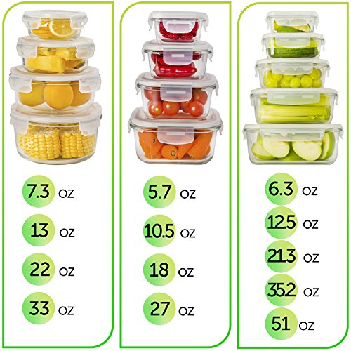 PrepNaturals 13pack Glass Meal Prep Air Tight Containers with Custom