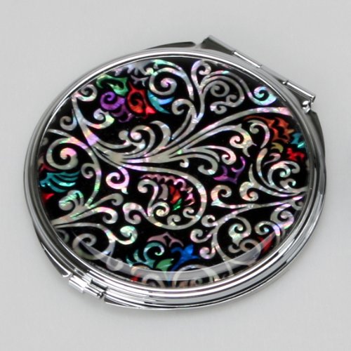 Mother of Pearl Art Deco Black Round Double Compact Purse Makeup Cosmetic Pocket Hand Mirror, 3.2 Ounce