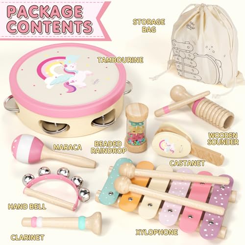 Lehoo Castle Musical Instruments for Children from 1 Year, Girls Montessori Toy Gift 2 3 Years, Children's Wooden Instruments Music Set with Xylophone & Drum