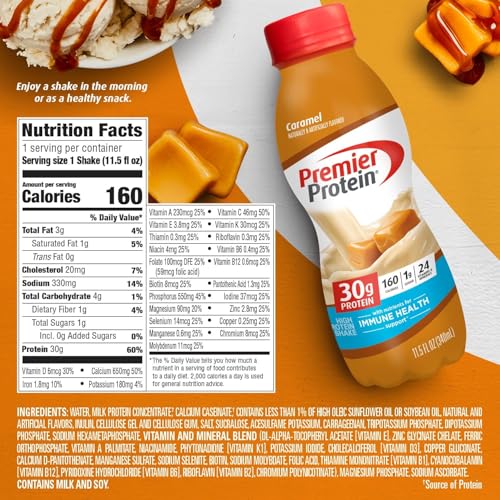PREMIER PROTEIN SHAKE, CARAMEL, 30G PROTEIN, NO ADDED SUGAR, 24 VITAMINS & MINERALS TO SUPPORT IMMUNE HEALTH, 11.5 FL OZ, 6 PACK