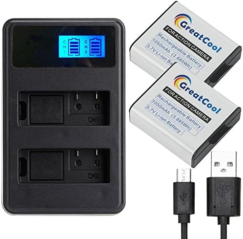 GreatCool Action Camera Battery,2 x 1050mAh Rechargeable Battery Action Camera Accessories with Rapid LCD Dual Charger for AKASO Campark EKEN APEMAN FITFORT DBPOWER 4k Action Sport Underwater Camera