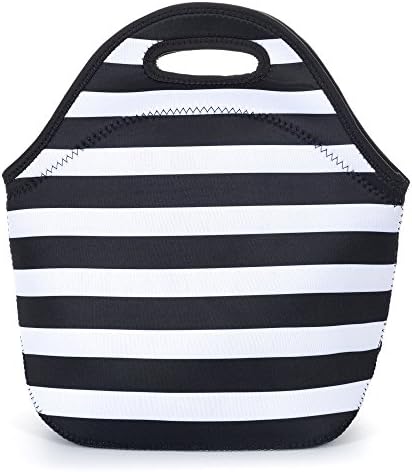 Insulated Neoprene Lunch Bag For Girls Kids Teens Women. Washable Reusable Soft Lunch Tote | Adult Lunch Box For Work Picnic Travel Gym | Great For Gifts | Black White Stripes