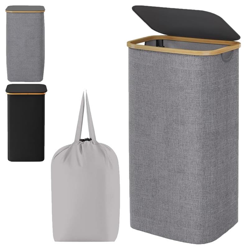 EVOKK Large Laundry Basket with Lid, Foldable Washing Basket for Laundry, Removable Inner Bag, Water-Resistant Oxford Hamper for Bedroom, Bathroom & Laundry Room (Grey)