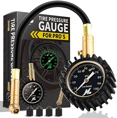 Heavy Duty Tire Pressure Gauge (0-100 PSI)- Certified ANSI B40.1 Accurate with Large 2" Easy Read Glow Dial and Rubber Hose, Perfect for Car, SUV, Rv, ATV, Truck, Motorcycle