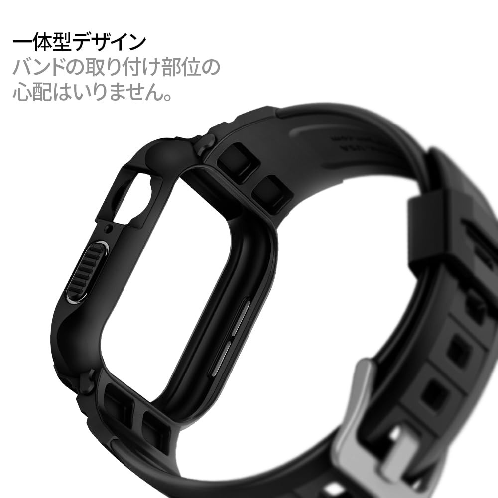 Spigen Apple Watch 45mm | 44mm 一体型 バンド ケース 【 Apple Watch 9 / 8 / 7 / SE2 / SE / 6 / 5 / 4 対応 】 カバー 耐衝撃 PC TPU 二重構造 スポーツバンド 落下 衝撃 吸収 耐久性 傷防止 ラギッド・アーマー・プロ 062CS25324 (ブラック)