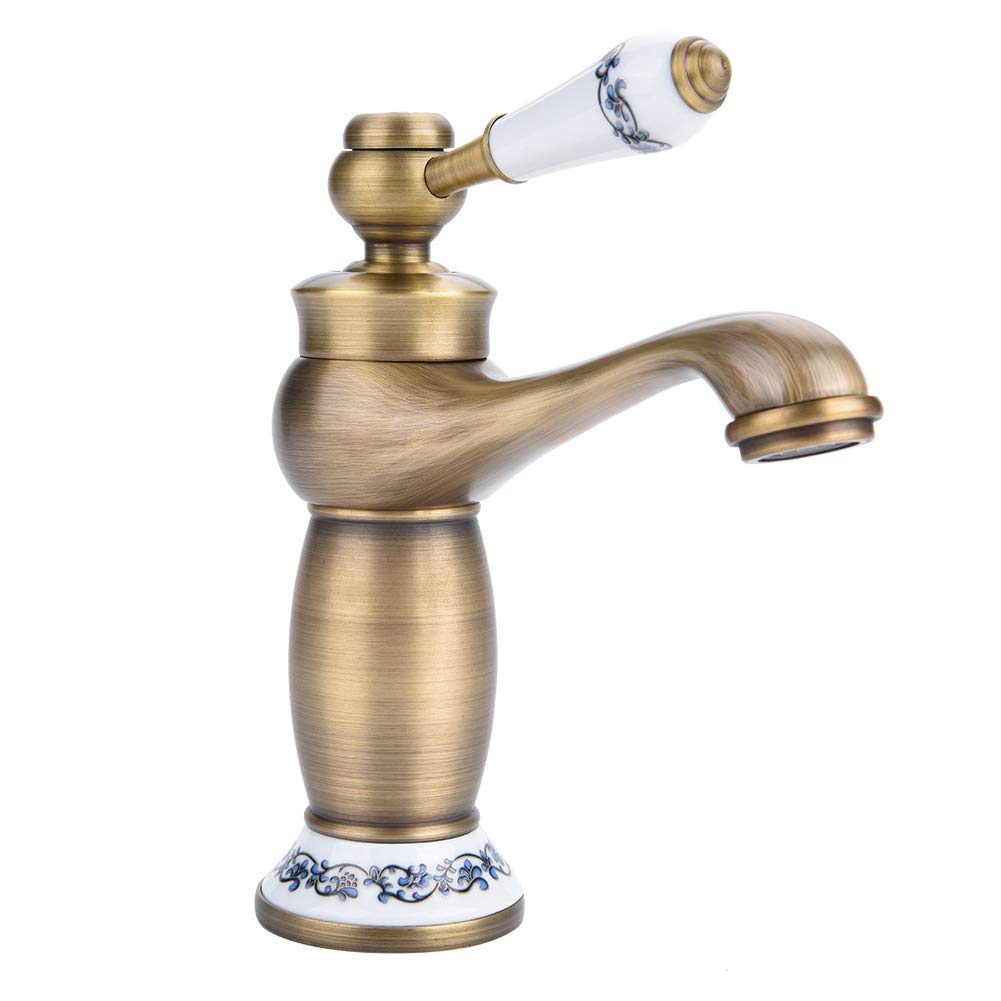 Fdit Single Handle Mixer Tap, Brass Bathroom Basin Faucet with Floral Pattern Lift Up Turn Design for Sink and Hand Washing Basin (Antique)