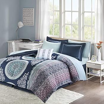 Intelligent Design Loretta Ultra Soft Brushed Microfiber Bohemian Boho Medallion Comforter and Sheet Set Bag Bedding, Full, Navy 9 Piece