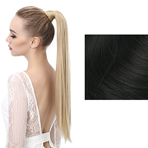 SARLA 24" Straight Long Wrap Around Ponytail Hair Extensions Heat-Resisting Synthetic Ponytail Hairpiecs P001 (1B jet black)