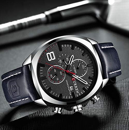 Curren 8324 Reloj de vestir para hombre con dos subesferas de fecha, correa de piel azul, reloj de cuarto de galón - Imagen 4