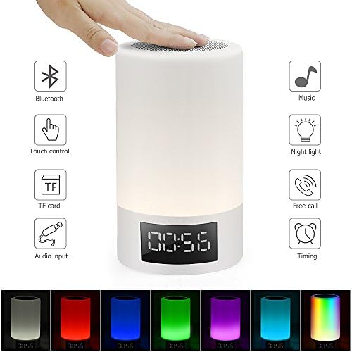Night Light Speaker - ELEPOWSTAR Dimmable Besides Table Lamp Touch Sensor with Led Time Display 7 Color Changing Mode Aalrm Clock ,TF Card Slot, Timing Function,AUX-IN,Wireless Speaker (Warm White)