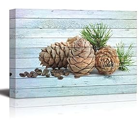 Pine Cones and Seeds Over Blue Wood Panels