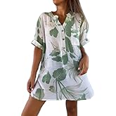 Chicyoo Summer Blouses For Women Tunic Top to Wear With Leggings Leaf And Floral V Neck Short Sleeve Button Casual Shirt