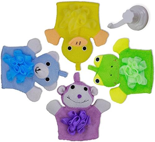 Kids Bath Mitt 4 Pack Toys with Hanging Hook - Loofah Chested Frog, Duck, Monkey, & Bear Make Bath Time Fun & Easy - Dry Quickly with Included Suction Mount Hanging Hook