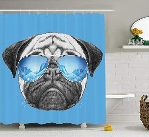 Amazon パグポートレイト サングラス 手描きイラスト 面白い動物 ファブリックバスルーム装飾カーテン パールブルーブラック 72x72 In ホワイト シャワーカーテン ホーム キッチン オンライン通販