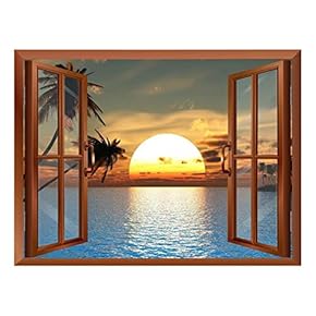 Tropical Beach Landscape with Palm Trees at Sunset View from Inside a Window Removable Wall Sticker/Wall Mural - 24"x32"