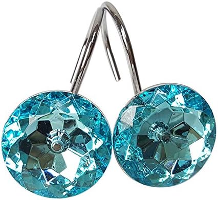 ZILucky Set of 12 Clear Crystal Shower Curtain Hooks Rings for Bathroom Decorative Bling Polished Chrome Rhinestone Hanger Rust Proof (Sea Blue)