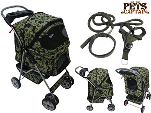 Premium Quality 4-Wheel Pet Carrier Stroller For Cat &amp; Dog By Pets Captain, Mesh Sides &amp; Undercarriage Storage, 2 Cup Holders, Foldable, Bonus Leash, Collar &amp; Harness, Camouflage Pattern, OWS24BL-CAMF