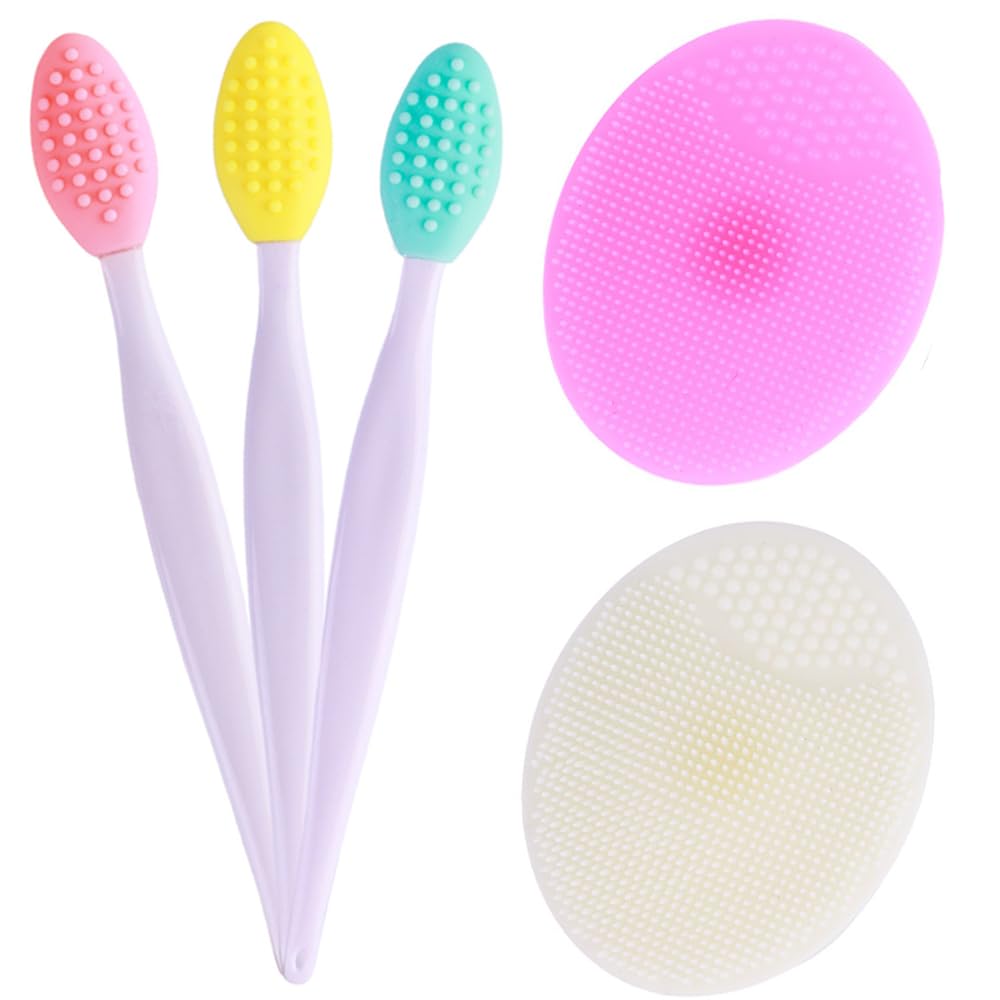 Photo 1 of 5 Pcs Mini Exfoliating Brush Set - 2 Pcs Silicone Facial Cleansing Brush and 3 Pcs Lip Scrub Brush