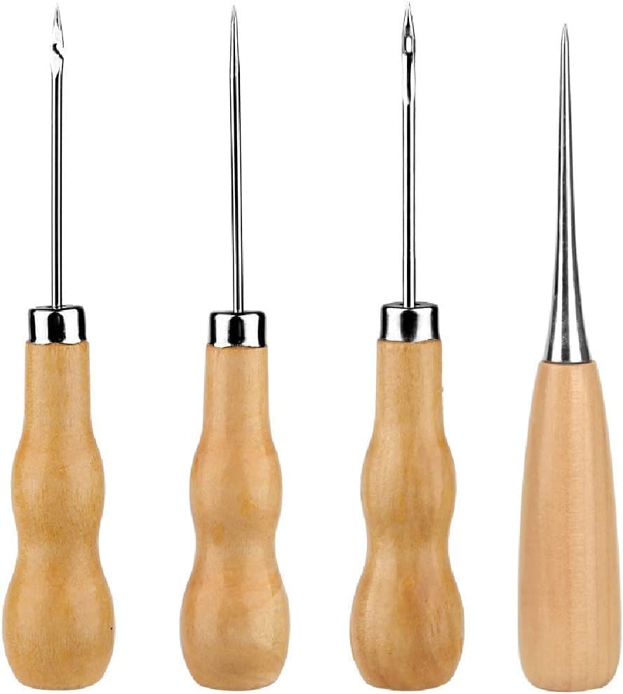 4 Wooden Handle Awls - Gourd Shape & Tailors Awls, DIY Hand Sewing Tool for Cutting & Craft