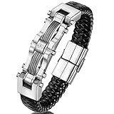 ORAZIO Stainless Steel Braided Leather Bracelet for Men Cable Cuff Bracelet Bangle CZ Inlaid 8 Inch
