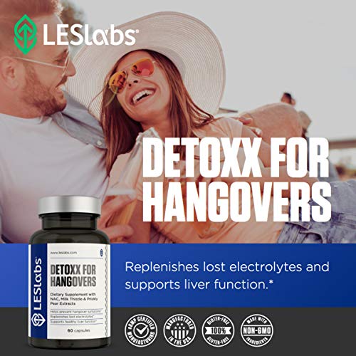 LES Labs DeToxx for Hangovers, Natural Supplement for Liver Support & Electrolyte Replenishment, 60 Capsules