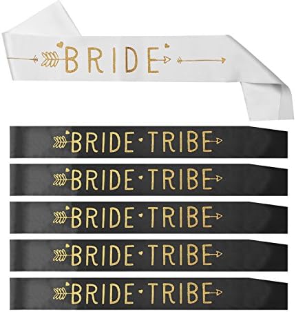 Bride Tribe Bridesmaid Sash Set for Bridal Shower Party, Team Bride Sash Kit for Bachelorette Decorations Supplies, Black Satin with Gold Glitter