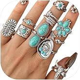 Airvess Vintage Knuckle Rings Set, Chunky Turquoise Stackable Rings, Silver Joint Finger Stacking Rings, Bohemian Western Jewelry for Women