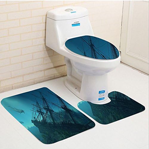 Keshia Dwete three-piece toilet seat pad customOcean Nautical Shipwreck Underwater with Dolphins in Ruins of Sunken Ship Mystery Treasure Diving Themed Inch Blue