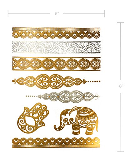 Terra Tattoos Metallic Temporary Tattoos - Over 75 Boho Gypsy Fake Tattoos in Gold and Silver (6 Sheets), Serenity Collection