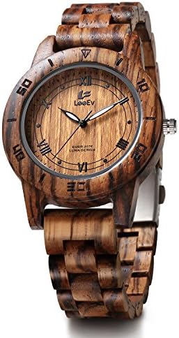 LeeEv EV2076 Womens Luxury Natural Zebra Sandal Wood Watch Quartz Light Weight Vintage Wooden Wrist Watch (EV2076A)