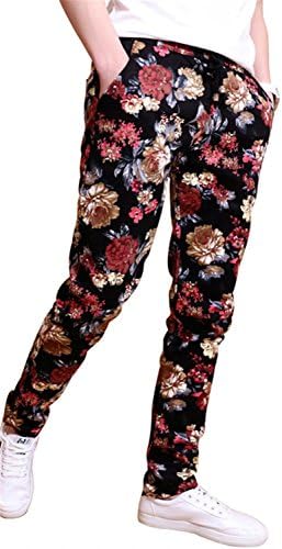 EMAOR Floral Printed Casual Pants Slim Fit Flower Trousers for Men