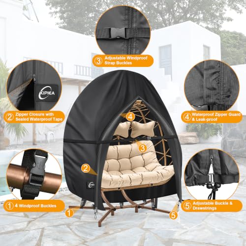 Kipiea Patio Egg Chair Covers Waterproof, Upgraded 500D Outdoor Hanging Egg Chair Covers with Waterproof Zipper, Double Seat Swing Egg Chair Cover, Windproof, Anti-UV, No Tears (Up to 80" W x 91" H)